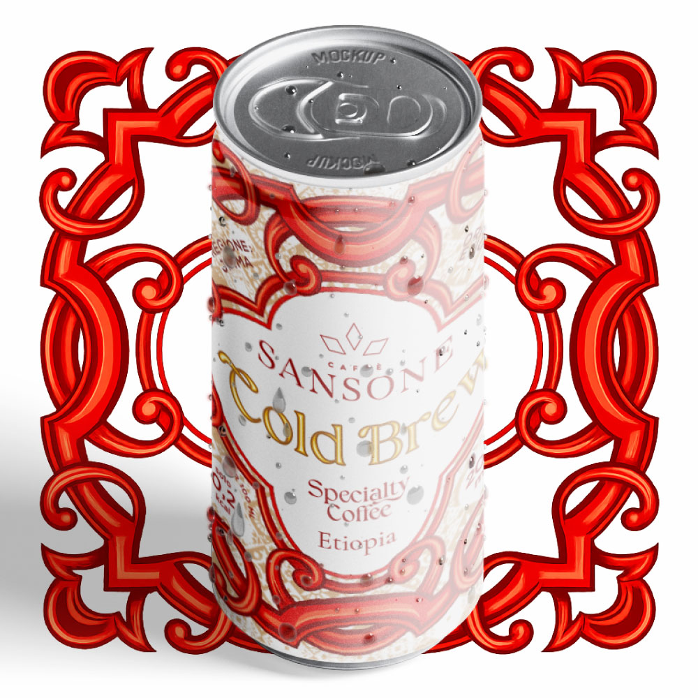 Dettaglio degli ingredienti e della scheda tecnica della lattina di Cold Brew Caffè Sansone 100% Arabica.