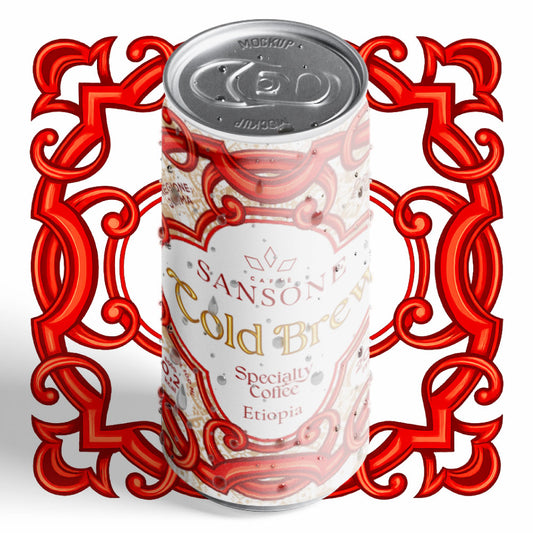 Dettaglio degli ingredienti e della scheda tecnica della lattina di Cold Brew Caffè Sansone 100% Arabica.
