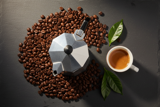 Moka italiana con chicchi di specialty coffee e tazzina espresso su ardesia — Caffè Sansone Napoli