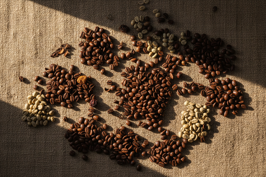 Chicchi di caffè specialty di diverse origini su superficie rustica — Caffè Sansone Napoli