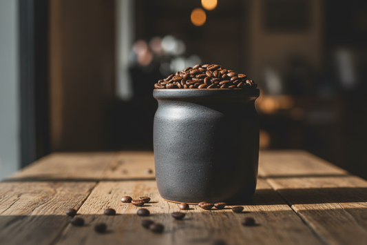 Barattolo ermetico con chicchi di caffè specialty su superficie rustica — Caffè Sansone Napoli
